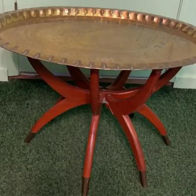 Moroccan Brass Tray Table with Wooden Base