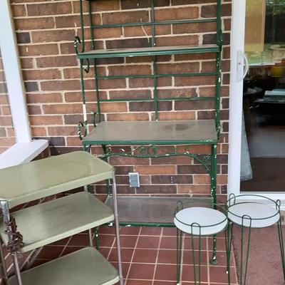 Vintage Green Metal Baker’s Rack, Utility Cart, and Plant Stands