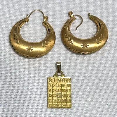 14K Gold Hoop Earrings & 14K Gold Bingo Card Pendant 