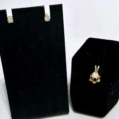 14K Earrings EST. 1/10 ct. wt Each & 14K Pendant Drop EST. 1/4 ct. wt 