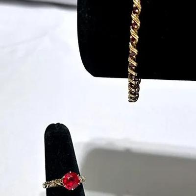 14K Gold & Ruby Bracelet W/Gold Filigree Ring 