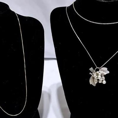Sterling Silky Box Chain, Sterling Silver Grapes Taxco Pendant W/Necklace & Sterling Silver Necklace