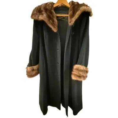 Vintage Black Wool Coat With Mink Trim