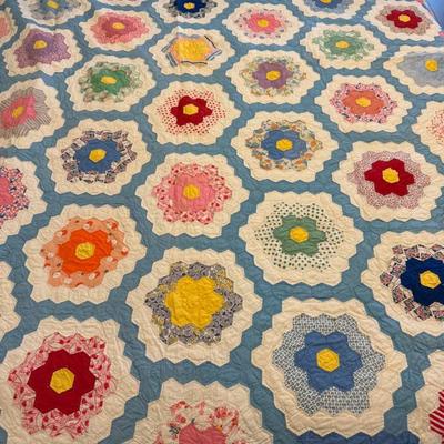 Hand Stitched Hexagon "Grandmothers Flower" Quilt 70” X 92”