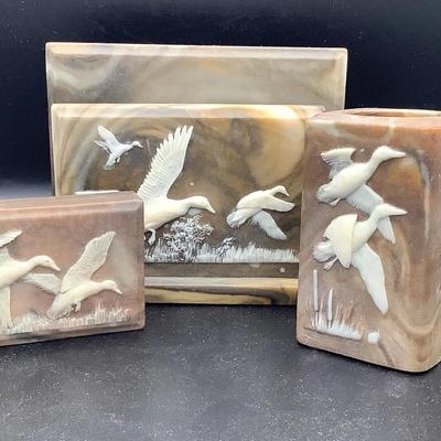 Vintage Incolay Marbled Stone Desk Accessories 