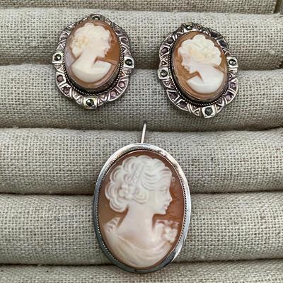 Sterling Silver Cameo Brooch And Earrings 