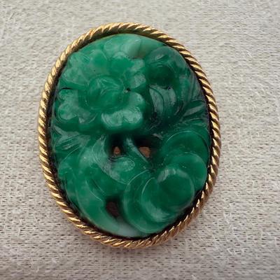 Carved Green Celluloid Brooch