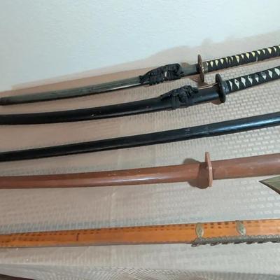 Collection Of Japanese Style Swords, Wood Practice Swords & Hatchet