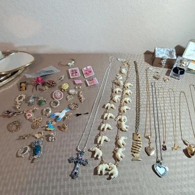 Assorted Costume Jewelry & VTG Mirrored Tray, Brush, Mirror & Comb Set