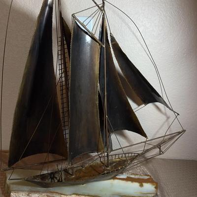 Brass/copper Sculpture Of Schooner On Marble Base