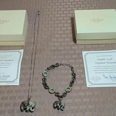 Lenox Collections Sterling Silver Double Luck Elephant Pendant And Bracelet