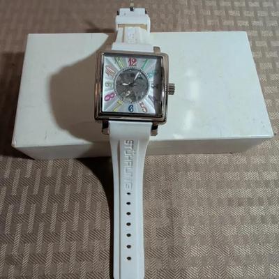 Stührling Crazy Time Quartz Watch W/ Square Case, White Silicone Strap