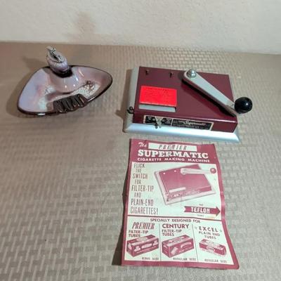 Vintage Japanese Ceramic Ashtray & Matching Lighter, The Premier Supermatic Cigarette Making Machine