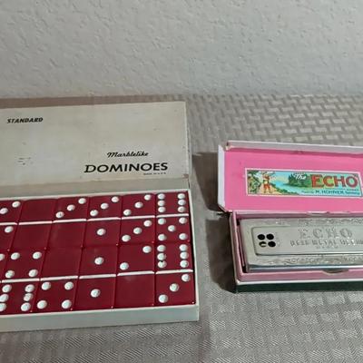 Vintage Standard Marblelike Red Dominoes & The Echo Harmonica By M.Hohner Germany