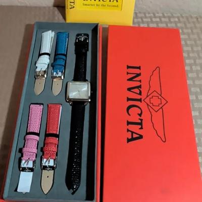 Women's Invicta Angel Quartz Watch W/ Square Silver Toned Case & 5 Colored Bands