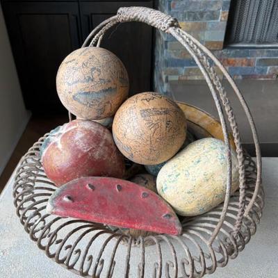 Iron Basket with Ceramic Fruit & Paper Mâché Spheres– Old World Charm