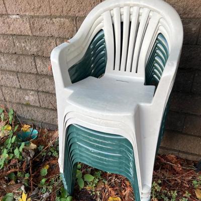 7 Green & 3 White Plastic Stackable Chairs – Outdoor Seating