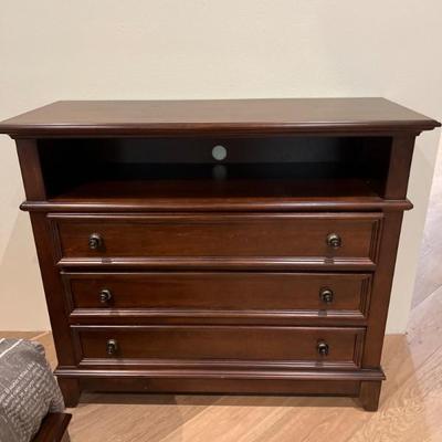 Three-Drawer Media Console with Open Shelf – Warm Wood Finish