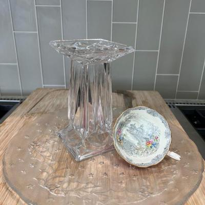 Glass Plate & Candle Holder with Aynsley Teacup – Holiday Holly Motif