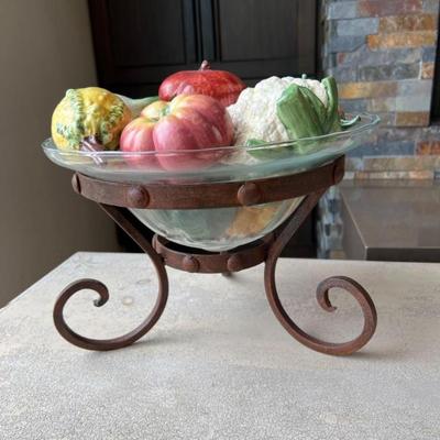 Glass Bowl with Rustic Scrolled Iron Stand–Includes Ceramic Vegetables