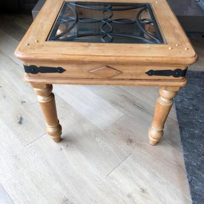 Blond Wood End Table with Wrought Iron and Glass Insert