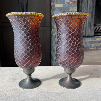 Partylite Global Fusion Amber Candle Holders – Mosaic Glass Pair	