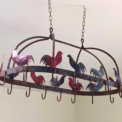 Wrought Iron Rooster Pot Rack – Ceiling-Mounted Farmhouse Accent
