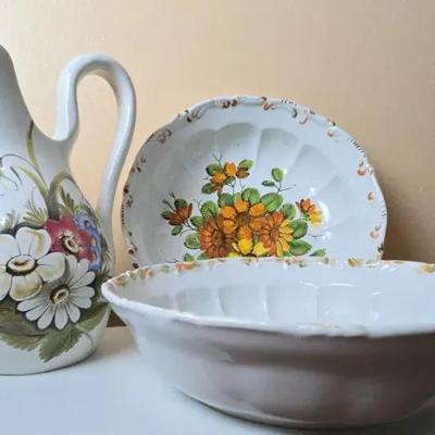 Vintage Floral Ceramic Pitcher & Serving Bowls Set 
