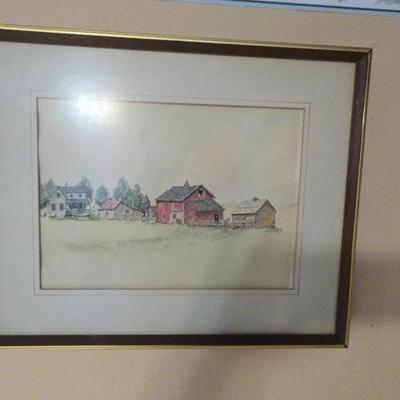 Framed A. Russell (1973) Watercolor – Country Farm Scene
