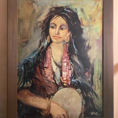 Framed Portrait Painting of Woman with Tambourine — Signed Artist “P.R.”