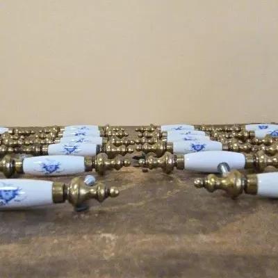 Vintage-Style Porcelain and Brass Drawer Pulls – Blue Floral Design (c. 1970s–1990s)