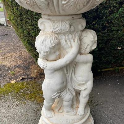 Large Ornate Cherub Pedestal Planter / Birdbath — “Papich” Marked

