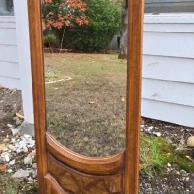 Vintage Solid Wood Framed Wall Mirror with Ornate Lower Panel
