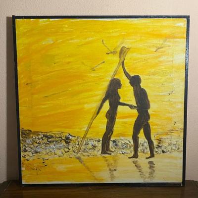 Mid-Century Style Original Painting – Silhouette Figures with Kite on Yellow Background
