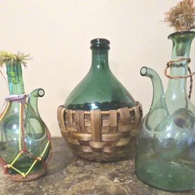 Decorative Green Glass Bottles with Basket and Rope Accents
