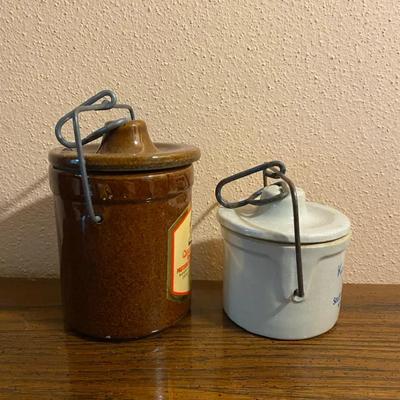 Mid Century Stoneware Crocks with Wire-Bale Lids — Brown & Gray
