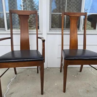 Pair of Mid-Century Modern Dining Chairs – Wood & Black Vinyl Seats
