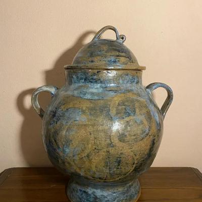 Signed “Andrews” Handcrafted Lidded Pottery Jar — Blue & Earth Tones Studio Art Pottery
