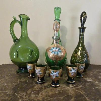 Italian Green Glass Decanter & Cordial Set – Hand-Painted Enamel & Gold Detail
