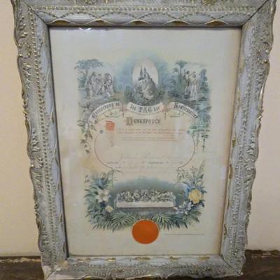 Antique German “In Memory of the Day of Confirmation” Certificate – Framed Religious Print with Sea
