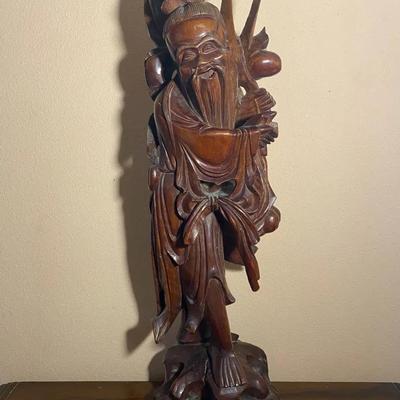 Hand-Carved Asian Wise Man Figure – Vintage Wood Sculpture on Base
