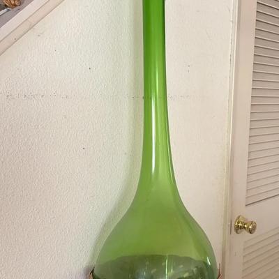 Tall Green Glass Bottle with Woven Basket Base 3++ Feet Tall 