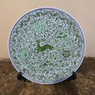 Hand-Decorated Ceramic Craft Plate from Pakistan – Green Floral & Deer Motif
