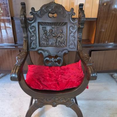 Antique-Style Ornate Carved Wooden Chair w/ Relief Scene  