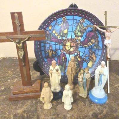 Religious Lot – Crosses, Saints, and Madonna Figurines with Stained Glass Art Plate
