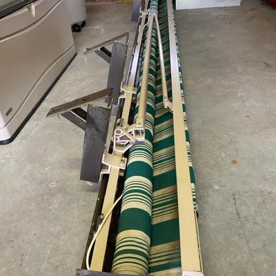 Retractable Patio Awning – Striped Green & Tan Canvas with Mounting Hardware
