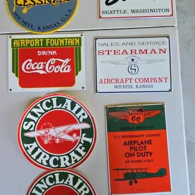 Vintage Aviation & Gasoline Advertising Tin Sign Collection (7 pcs)
