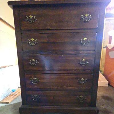 Mid-Century Large 5-Drawer Chest – Classic Wooden Dresser w/ Brass Pulls
