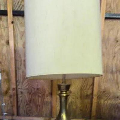 Vintage Brass Table Lamp with Tall Drum Shade