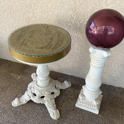 Gazing Ball On Resin Pedestal & Cast Iron Painted New York Seal Glass Top Side Table 